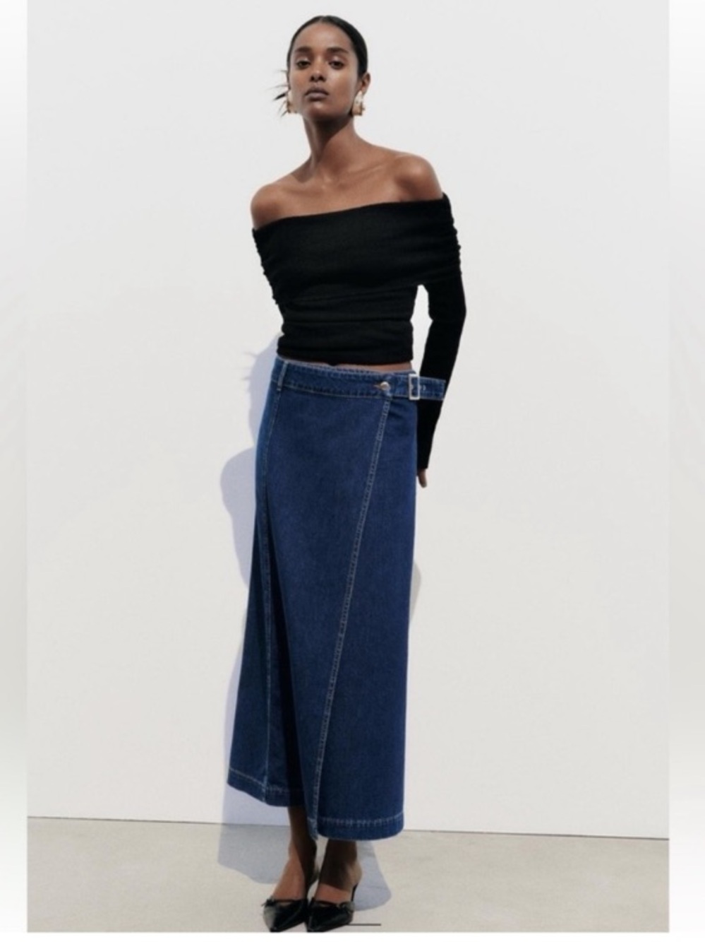 Zara Dark Blue Wrap Denim Midi side buckle Skirt